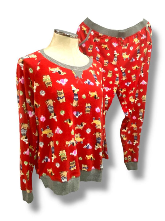 Size Large Cuddl Duds Womens Holiday 2 Piece Pajama Set PJs Dog Puppy Print