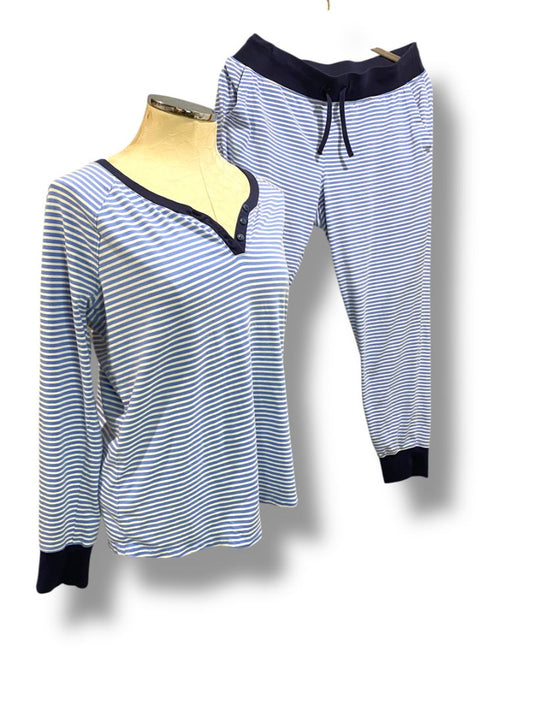 Medium LL Bean Womens 2 Piece Pajama Set PJ Blue White Pants Henley Shirt