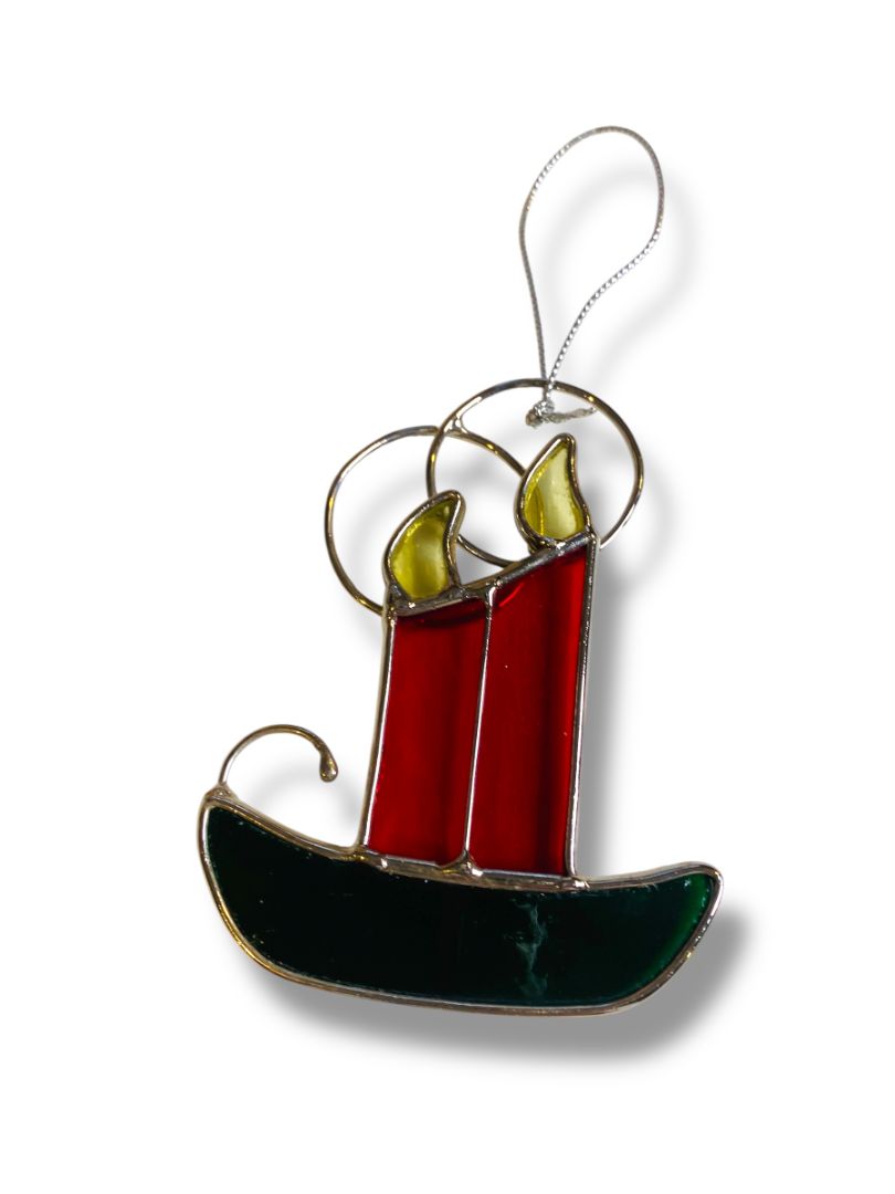 Stained Glass Christmas Ornament Red Green Candle 3.5"