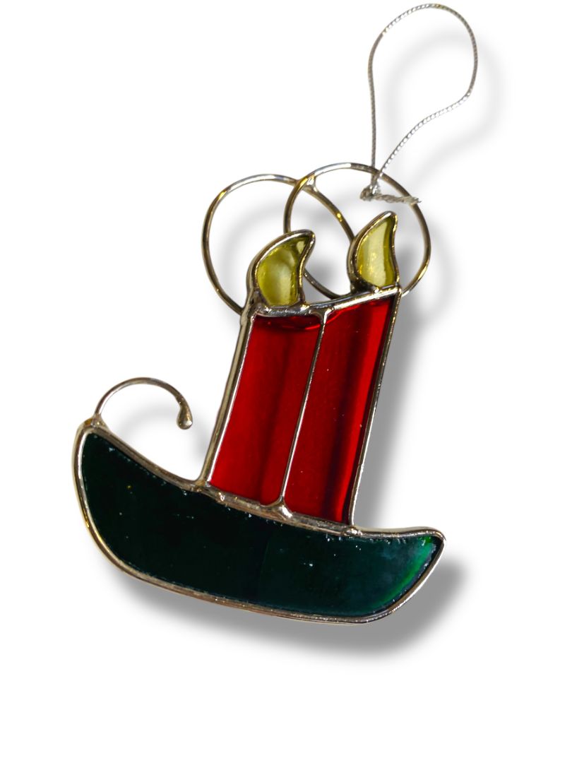 Stained Glass Christmas Ornament Red Green Candle 3.5"