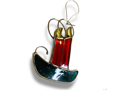 Stained Glass Christmas Ornament Red Green Candle 3.5"