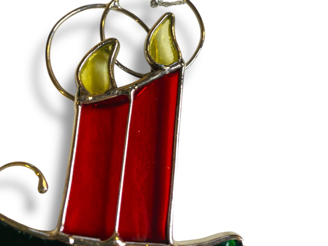 Stained Glass Christmas Ornament Red Green Candle 3.5"