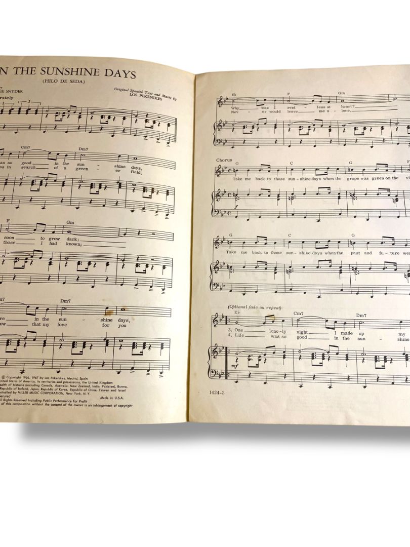 1967 In the Sunshine Days Sheet Music Hilo de Seda Kusik Snyder