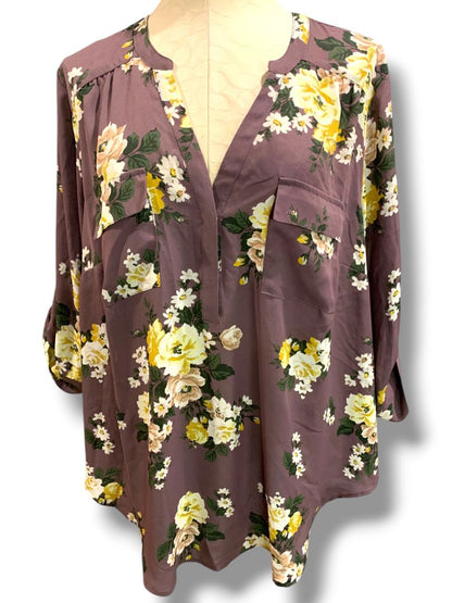 2X Torrid Harper New Womens Slightly Sheer Blouse Floral Roll Tab Sleeve