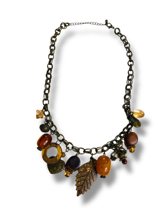 Boho Style Charm Necklace Antiqued Goldtone Leaf Heart 17-20"