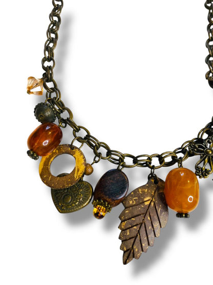 Boho Style Charm Necklace Antiqued Goldtone Leaf Heart 17-20"