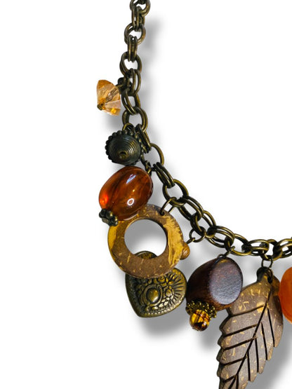 Boho Style Charm Necklace Antiqued Goldtone Leaf Heart 17-20"