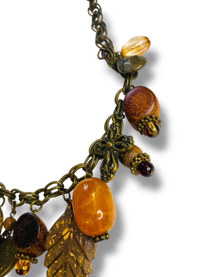 Boho Style Charm Necklace Antiqued Goldtone Leaf Heart 17-20"