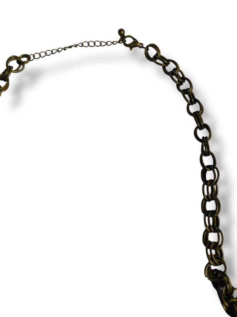 Boho Style Charm Necklace Antiqued Goldtone Leaf Heart 17-20"