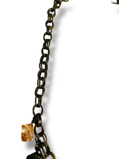 Boho Style Charm Necklace Antiqued Goldtone Leaf Heart 17-20"