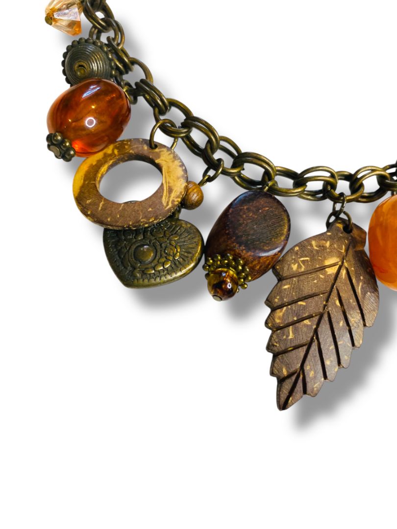 Boho Style Charm Necklace Antiqued Goldtone Leaf Heart 17-20"