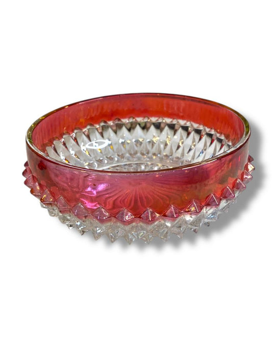 Vintage Indiana Glass Diamond Point Ruby Red Flash Candy Dish Bowl 5"
