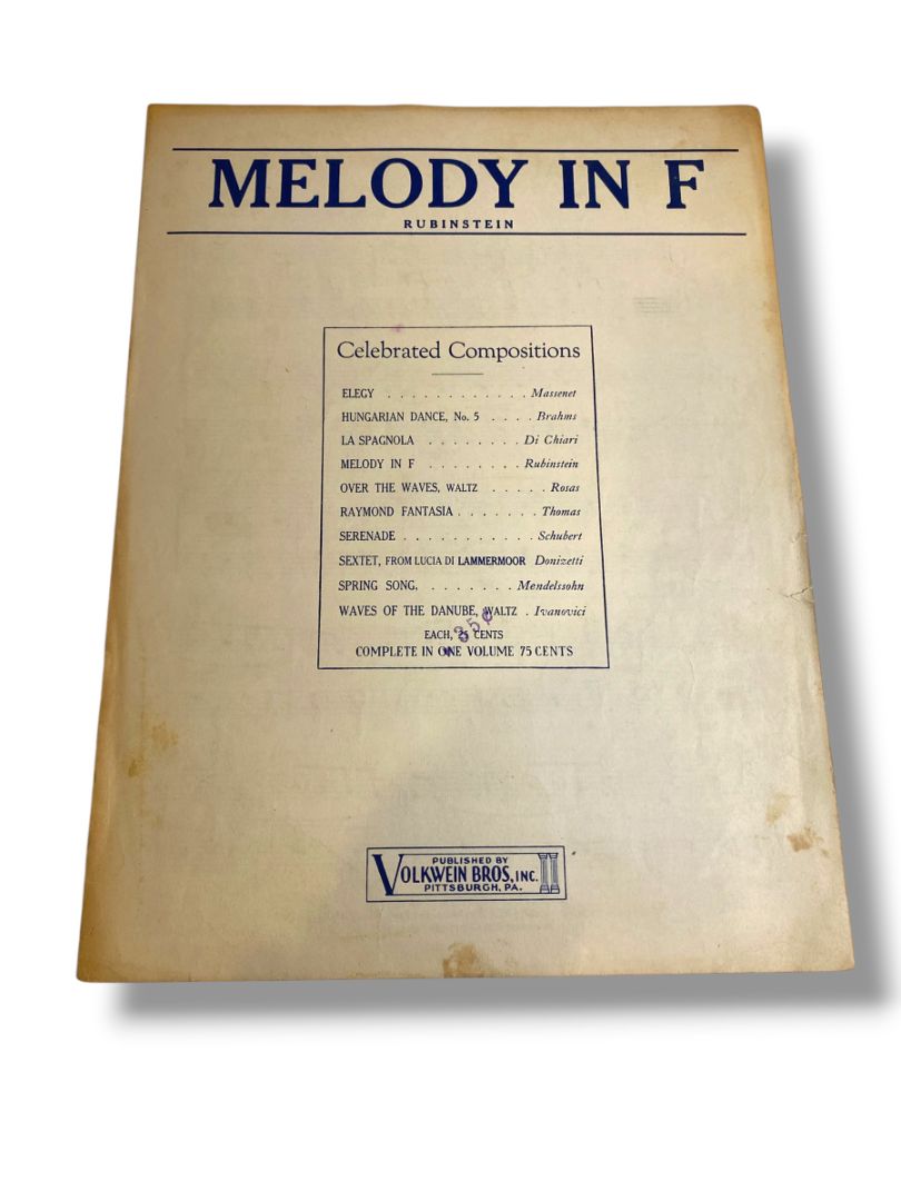 1928 Melody in F Rubenstein Sheet Music Volkwein Bros Inc