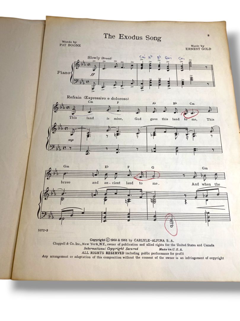 1961 The Exodus Song Sheet Music Ernest Gold Pat Boone Chappell & Co Inc
