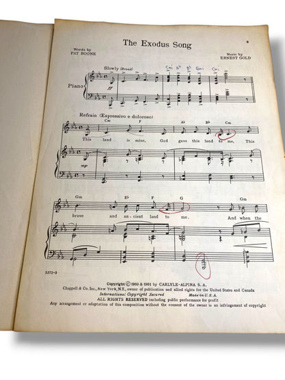 1961 The Exodus Song Sheet Music Ernest Gold Pat Boone Chappell & Co Inc