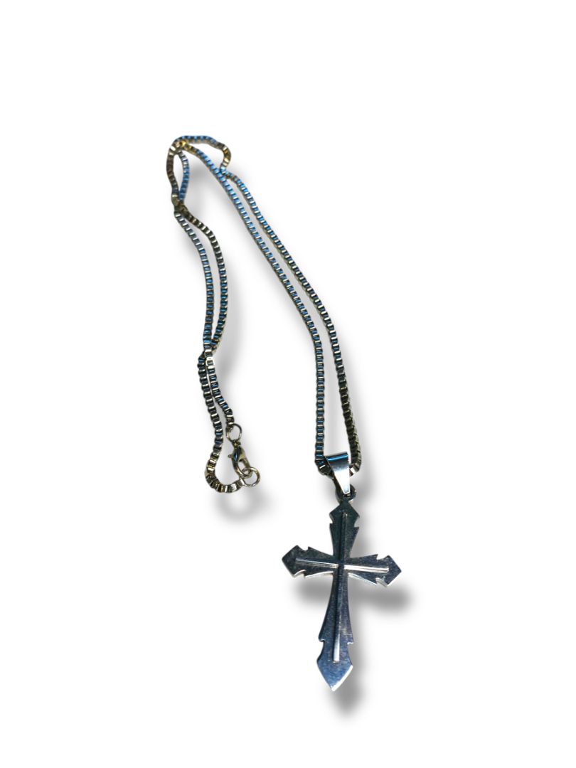 Silvertone Cross 2.25" Pendant on Box Chain 24" Lobster Clasp