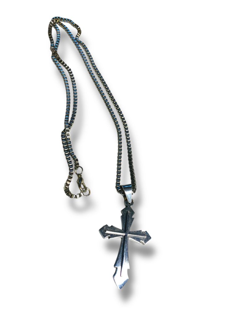 Silvertone Cross 2.25" Pendant on Box Chain 24" Lobster Clasp