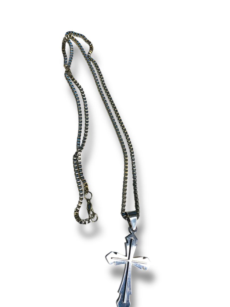 Silvertone Cross 2.25" Pendant on Box Chain 24" Lobster Clasp