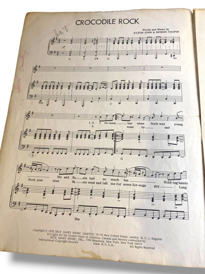 1972 Crocodile Rock Sheet Music Elton John Bernie Taupin Warner Bros
