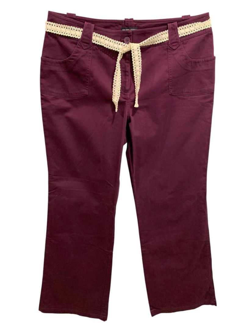 Size 14 New York & Co Womens New Belted Cotton Blend Pants Merlot Color