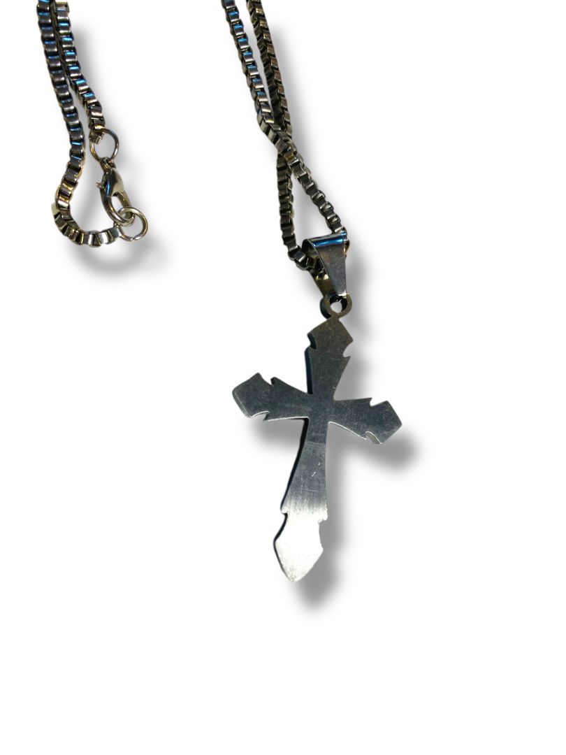 Silvertone Cross 2.25" Pendant on Box Chain 24" Lobster Clasp