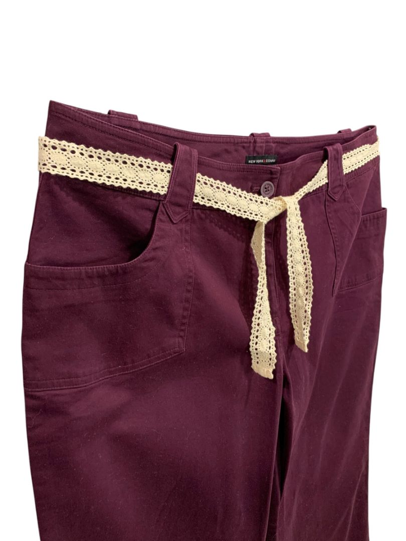 Size 14 New York & Co Womens New Belted Cotton Blend Pants Merlot Color