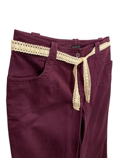 Size 14 New York & Co Womens New Belted Cotton Blend Pants Merlot Color