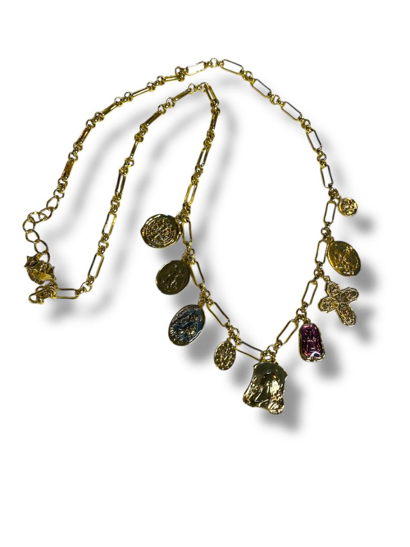 Goldtone Charm Necklace Catholic Religious Medals 32" Lobster Clasp