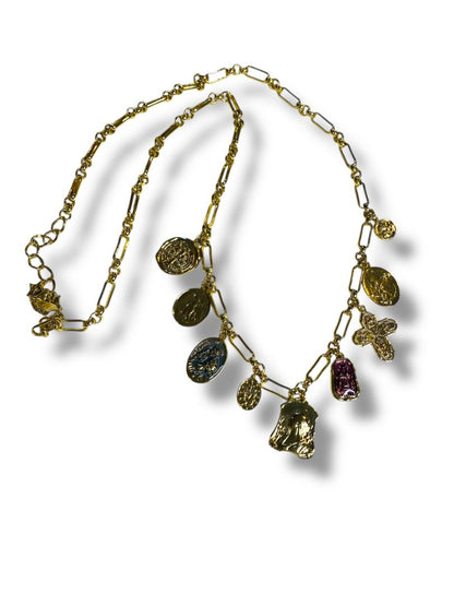 Goldtone Charm Necklace Catholic Religious Medals 32" Lobster Clasp