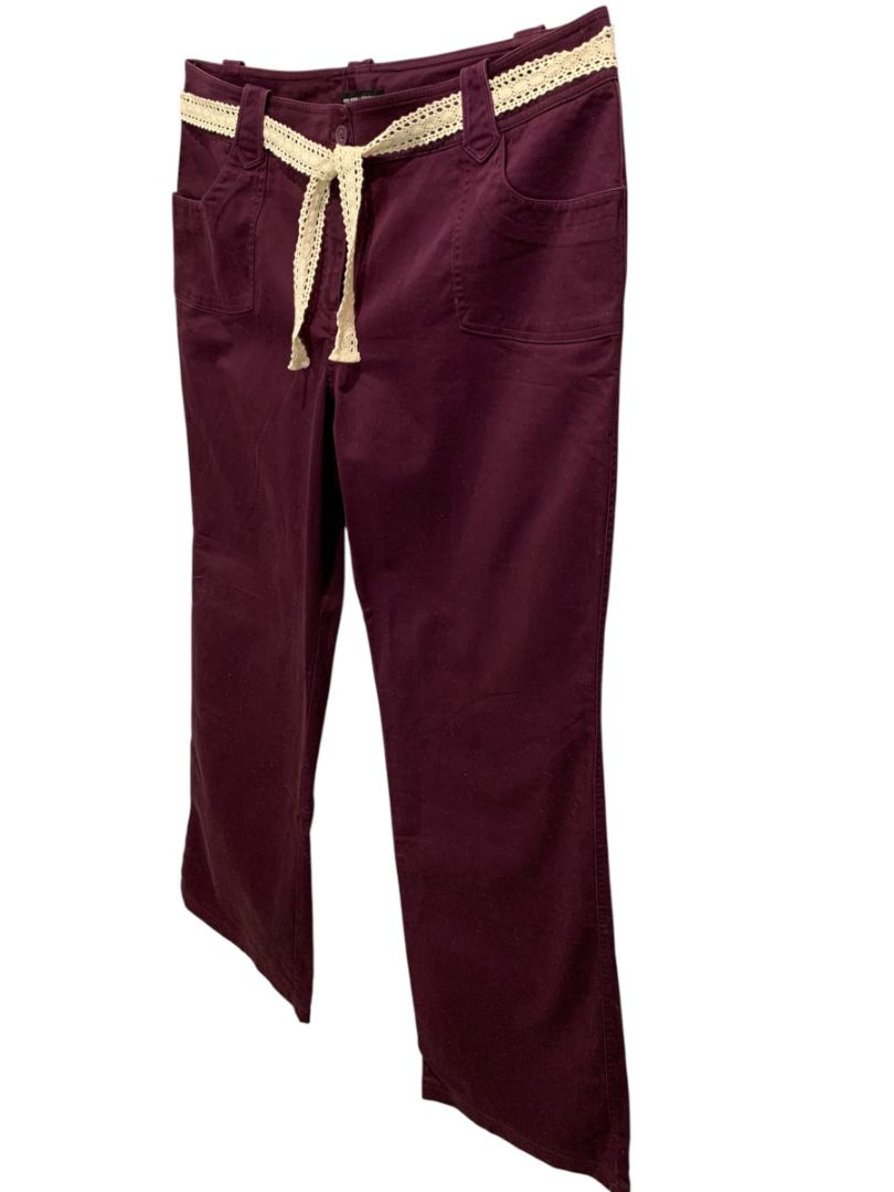 Size 14 New York & Co Womens New Belted Cotton Blend Pants Merlot Color