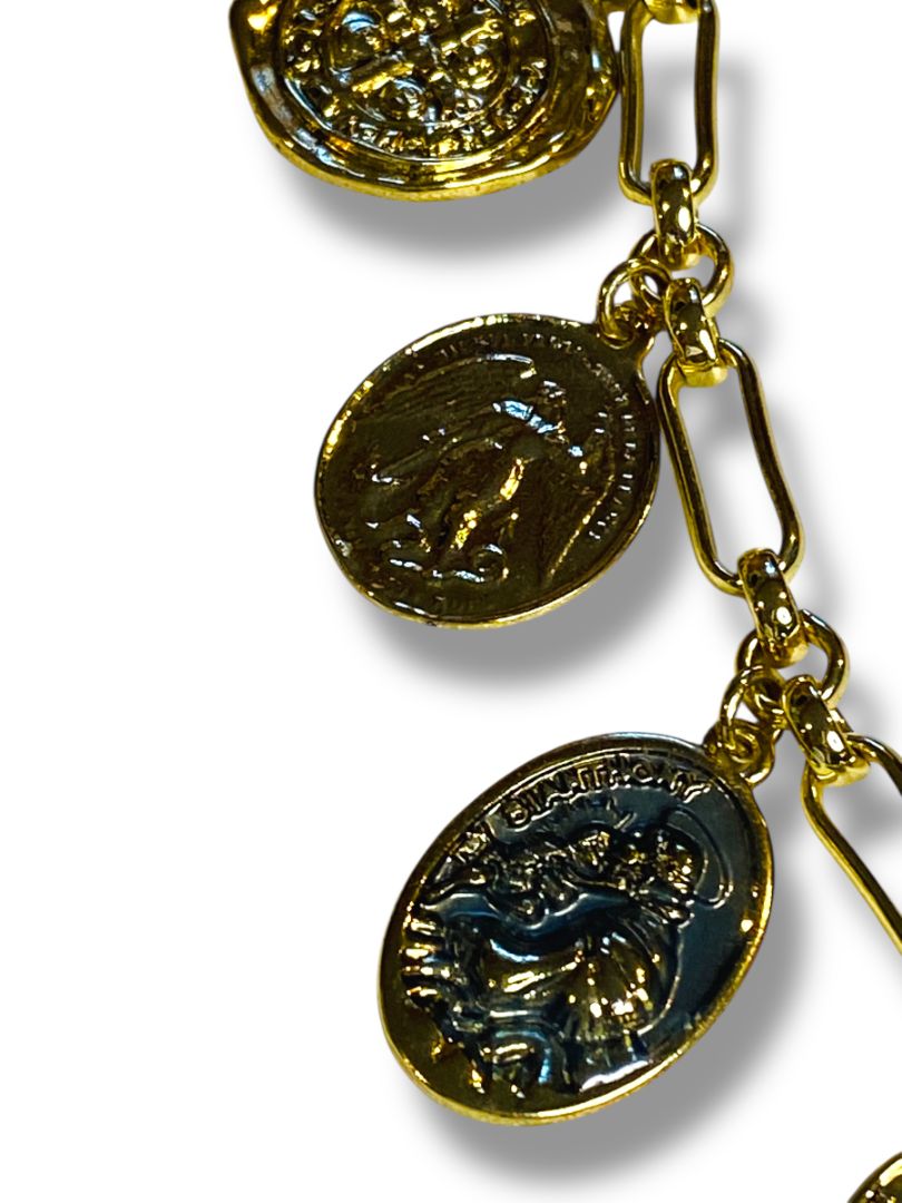 Goldtone Charm Necklace Catholic Religious Medals 32" Lobster Clasp