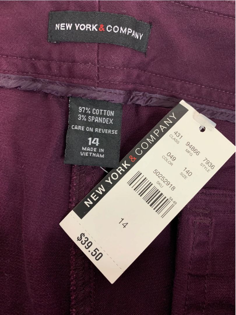 Size 14 New York & Co Womens New Belted Cotton Blend Pants Merlot Color