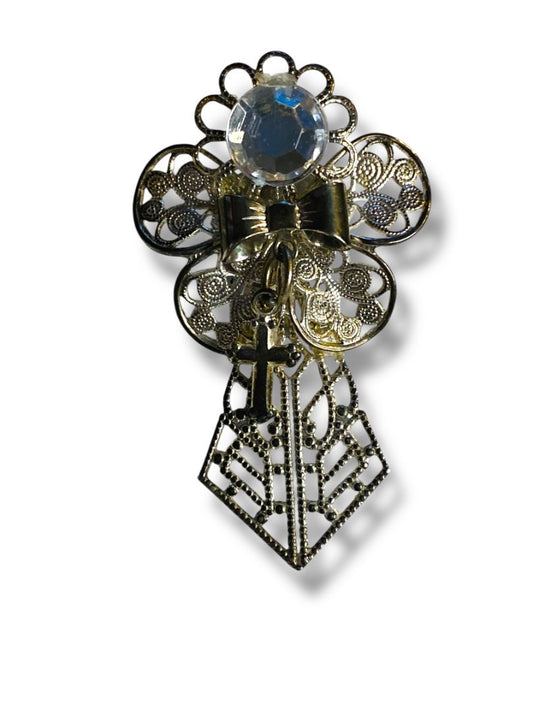 Vintage Silvertone Pin Angel Filigree Cross 1.9" Ornate