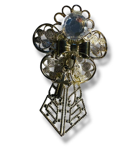 Vintage Silvertone Pin Angel Filigree Cross 1.9" Ornate