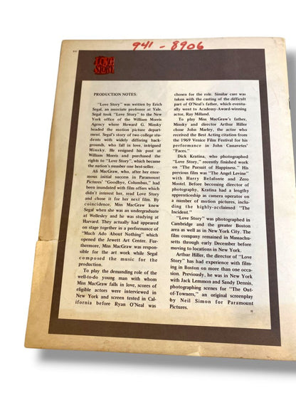 1971 Love Story Sheet Music Souvenir Book Album Paperback
