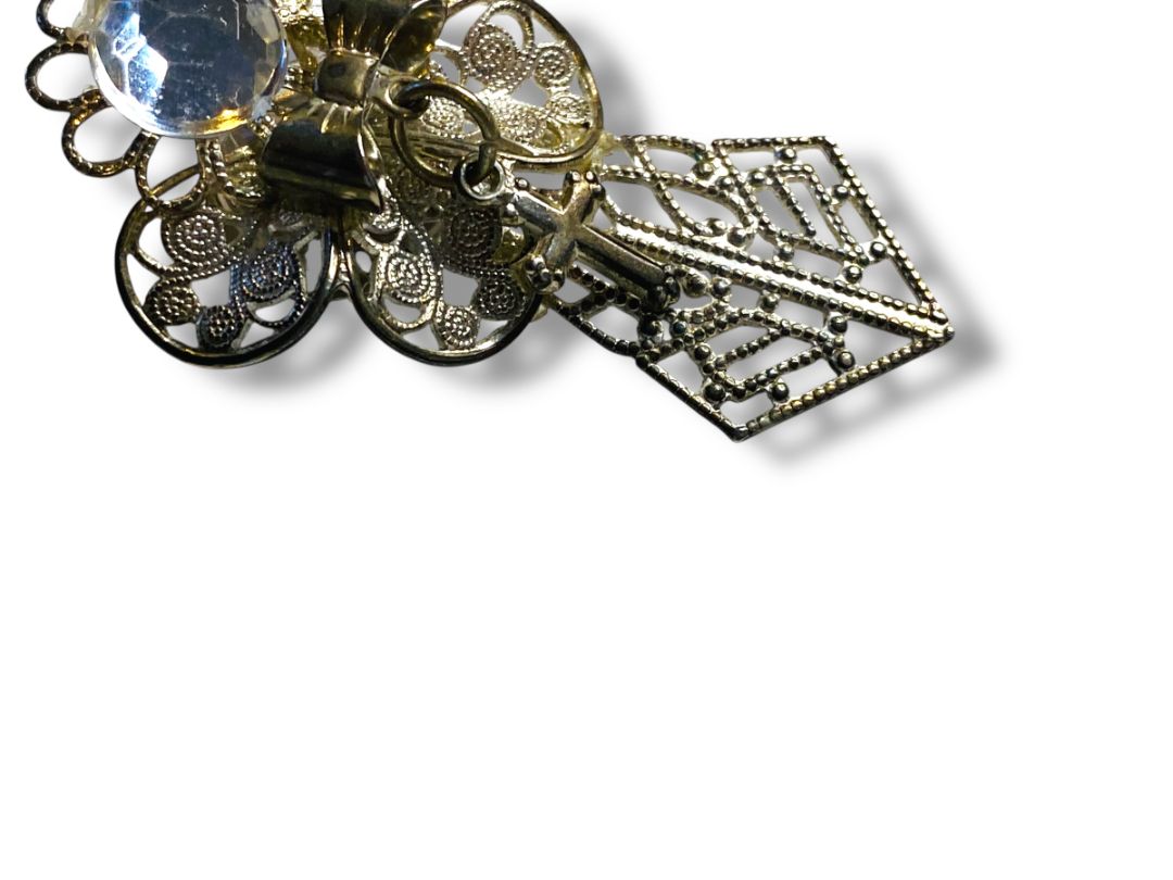 Vintage Silvertone Pin Angel Filigree Cross 1.9" Ornate