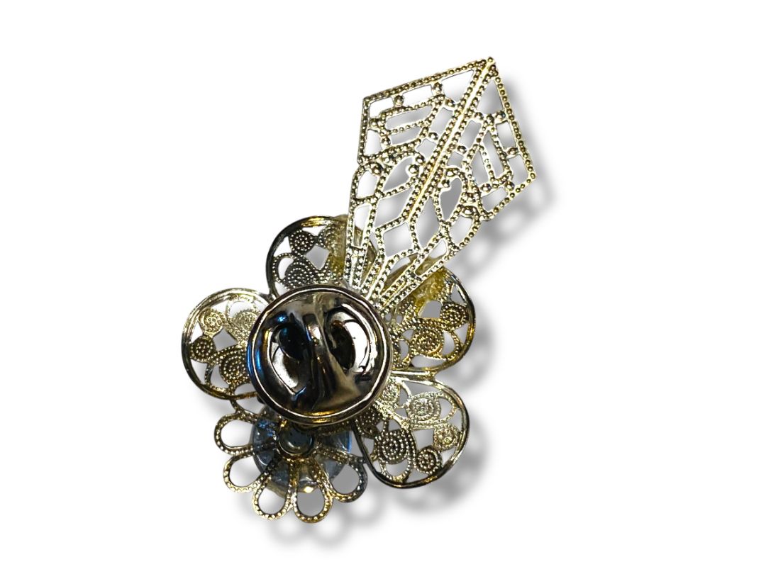 Vintage Silvertone Pin Angel Filigree Cross 1.9" Ornate