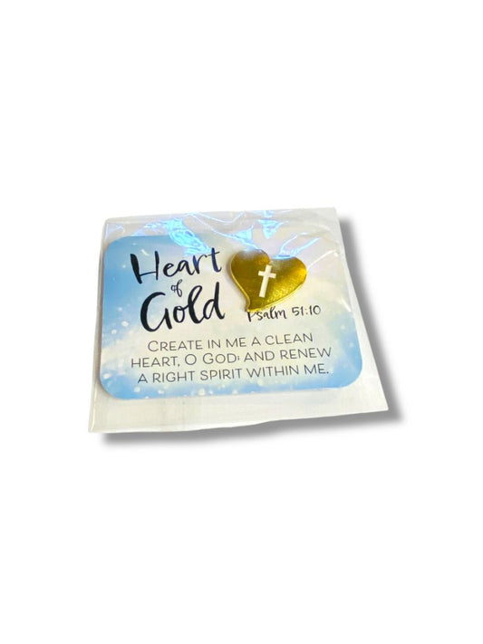 New "Heart of Gold" Goldtone Heart Lapel Pin on Card Psalm 51:10 1"