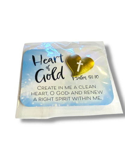 New "Heart of Gold" Goldtone Heart Lapel Pin on Card Psalm 51:10 1"