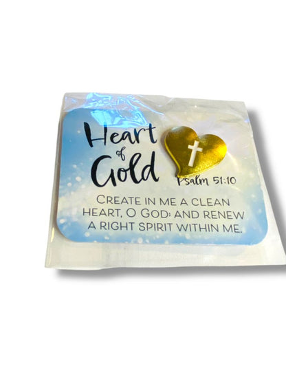 New "Heart of Gold" Goldtone Heart Lapel Pin on Card Psalm 51:10 1"