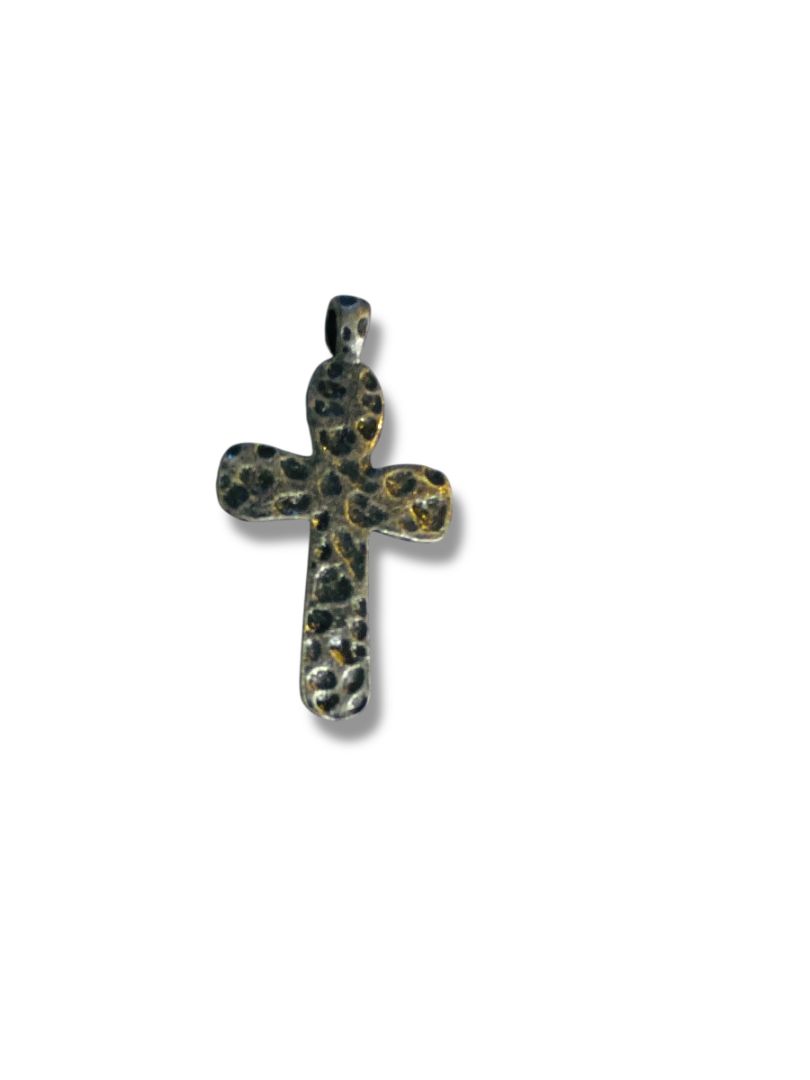 Silvertone Hammered Metal Cross Pendant 1.9"