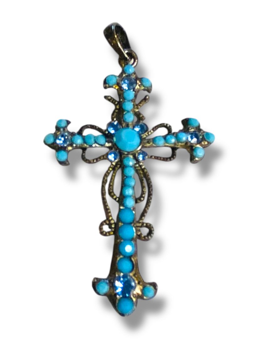 Vintage Silvertone Filigree Faux Turquoise Pendant 2.5"