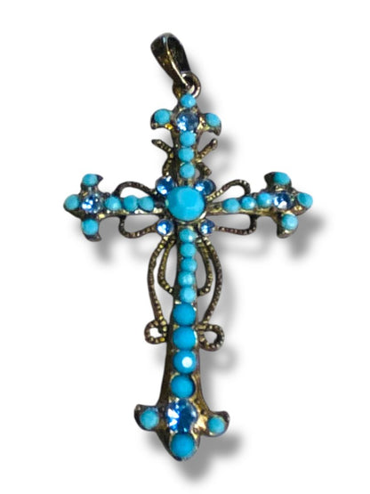 Vintage Silvertone Filigree Faux Turquoise Pendant 2.5"