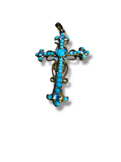 Vintage Silvertone Filigree Faux Turquoise Pendant 2.5"