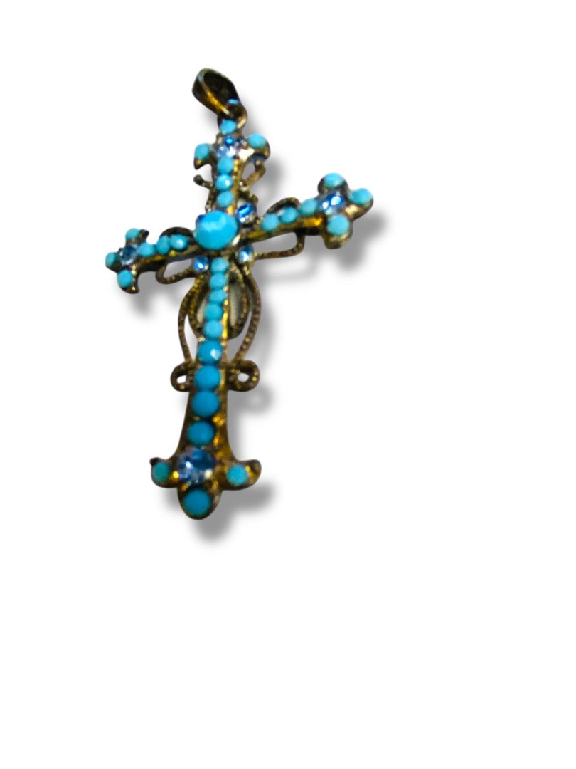 Vintage Silvertone Filigree Faux Turquoise Pendant 2.5"