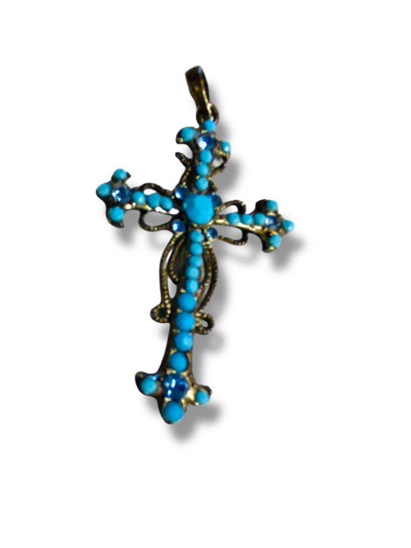 Vintage Silvertone Filigree Faux Turquoise Pendant 2.5"