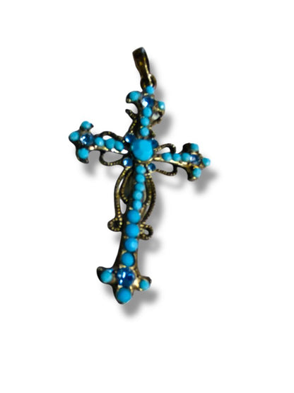 Vintage Silvertone Filigree Faux Turquoise Pendant 2.5"