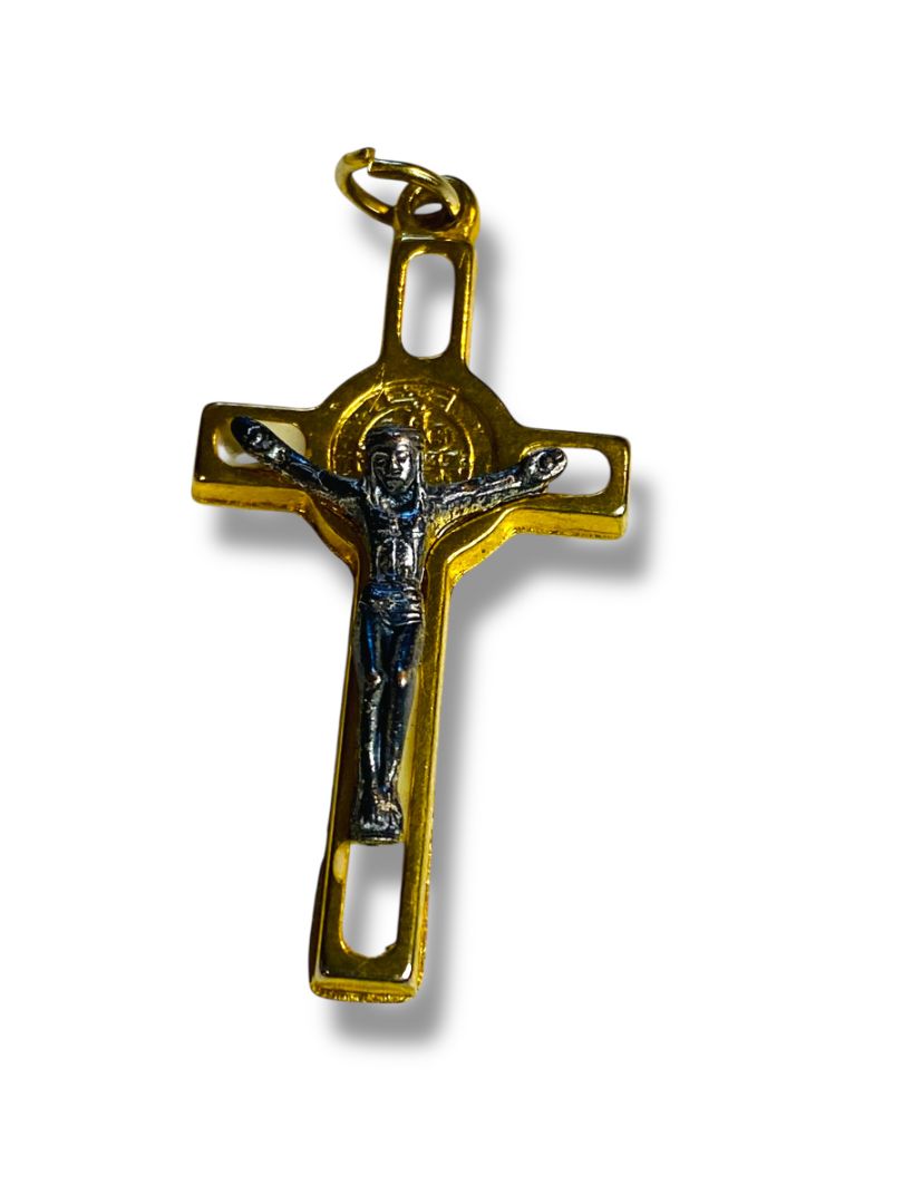 Catholic Saint St Benedict White Cloisonné Gold Tone Crucifix Pendant 1.5"