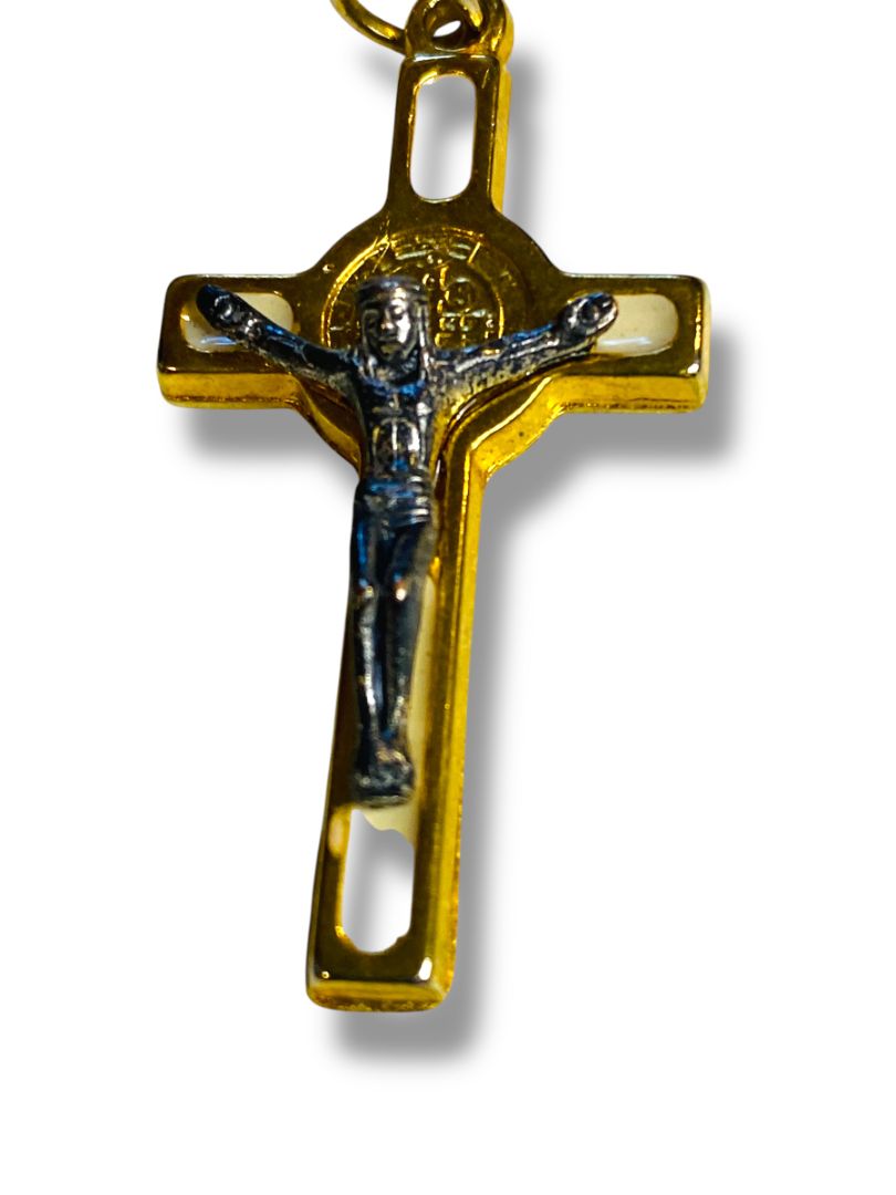 Catholic Saint St Benedict White Cloisonné Gold Tone Crucifix Pendant 1.5"