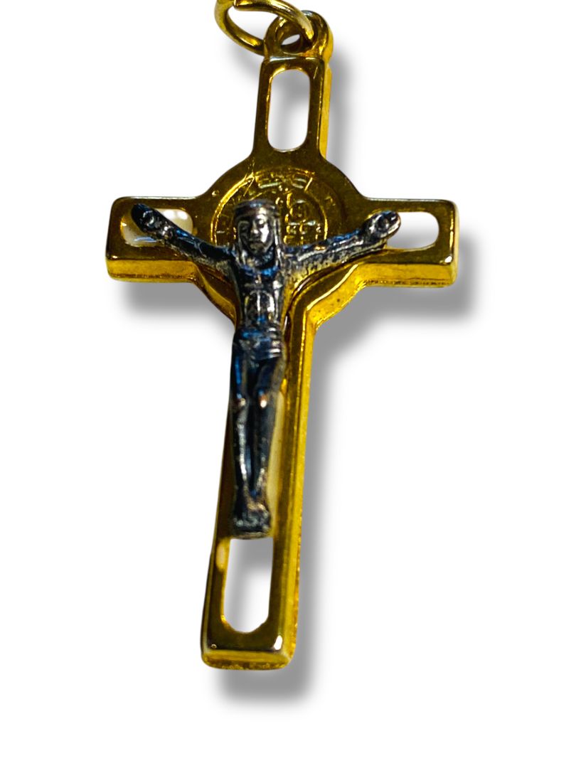 Catholic Saint St Benedict White Cloisonné Gold Tone Crucifix Pendant 1.5"